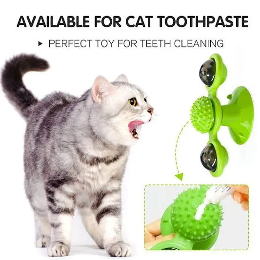 Windmill Cat Toy with Suction Cup and Lights, Rotatable Catnip Toys Cat Grooming Tools for Cat Hair and Face, Safe Fun Kitten Toys