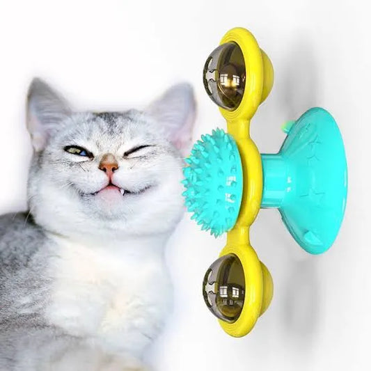 Windmill Cat Toy with Suction Cup and Lights, Rotatable Catnip Toys Cat Grooming Tools for Cat Hair and Face, Safe Fun Kitten Toys