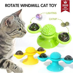 Windmill Cat Toy with Suction Cup and Lights, Rotatable Catnip Toys Cat Grooming Tools for Cat Hair and Face, Safe Fun Kitten Toys